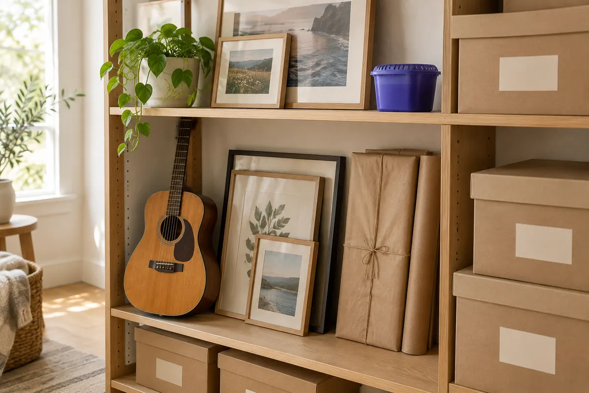 A storage shelf with framed photos, a guitar and wrapped artwork beside sealed boxes