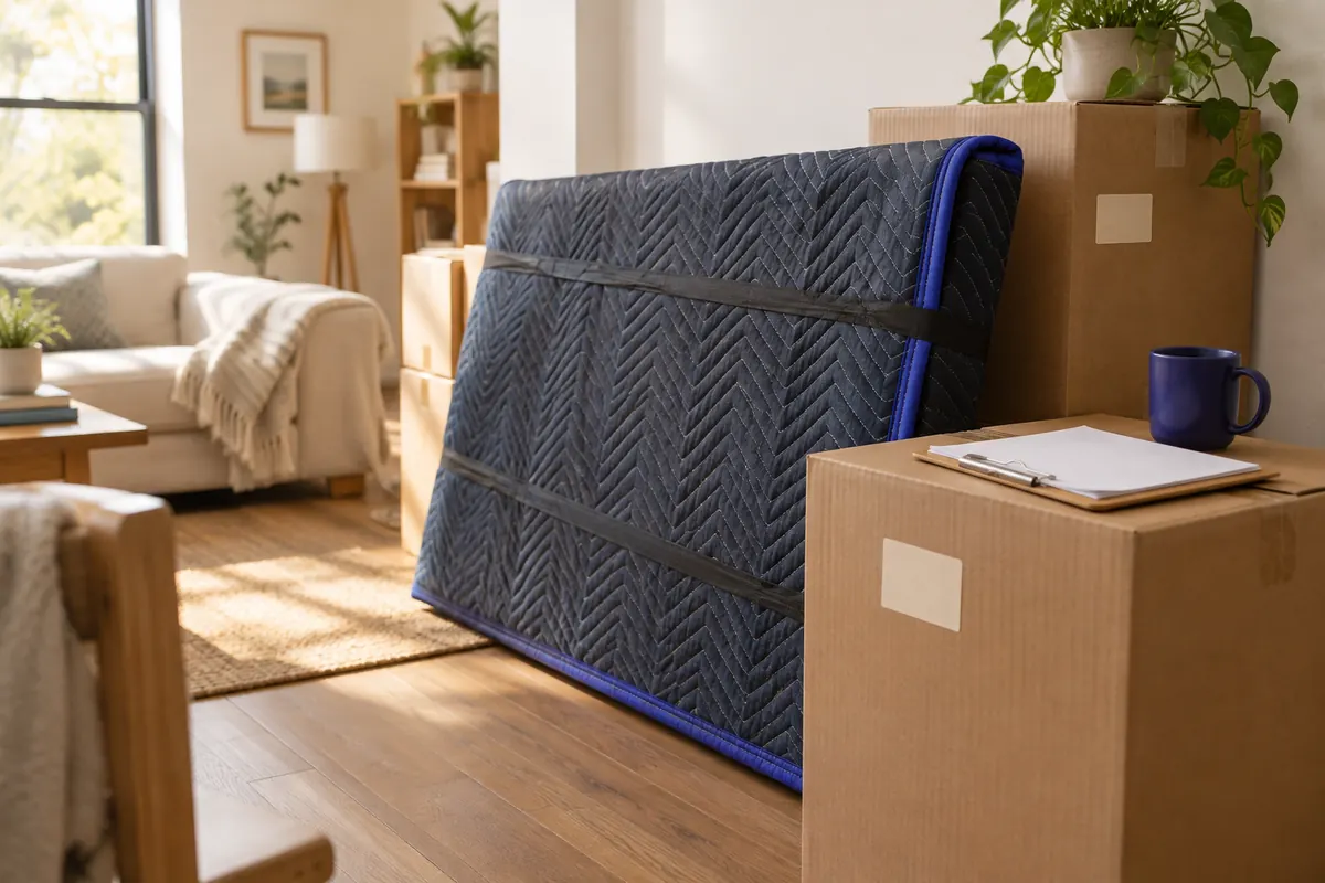 A flat-screen TV wrapped in a moving blanket leaning against boxes, with a clipboard of paperwork resting on top of one box