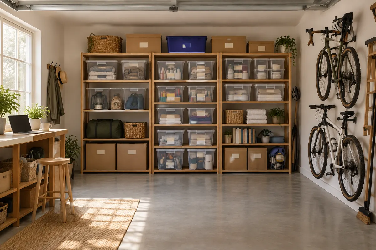 A two-car garage with shelving on one wall split into zones, clear bins on the shelves and bikes hanging on the side wall