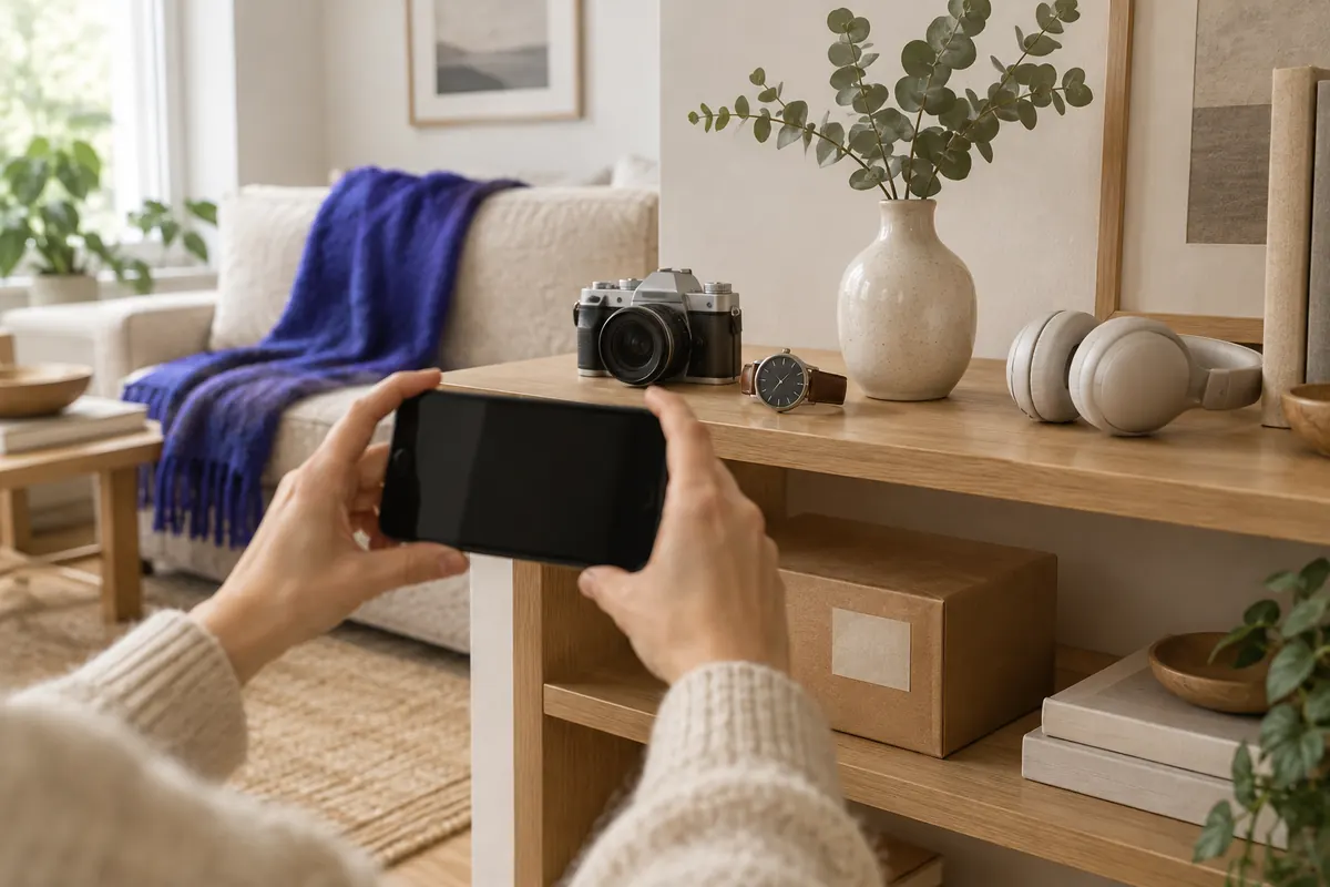 Hands photographing a camera, watch and headphones on a living room shelf with a phone