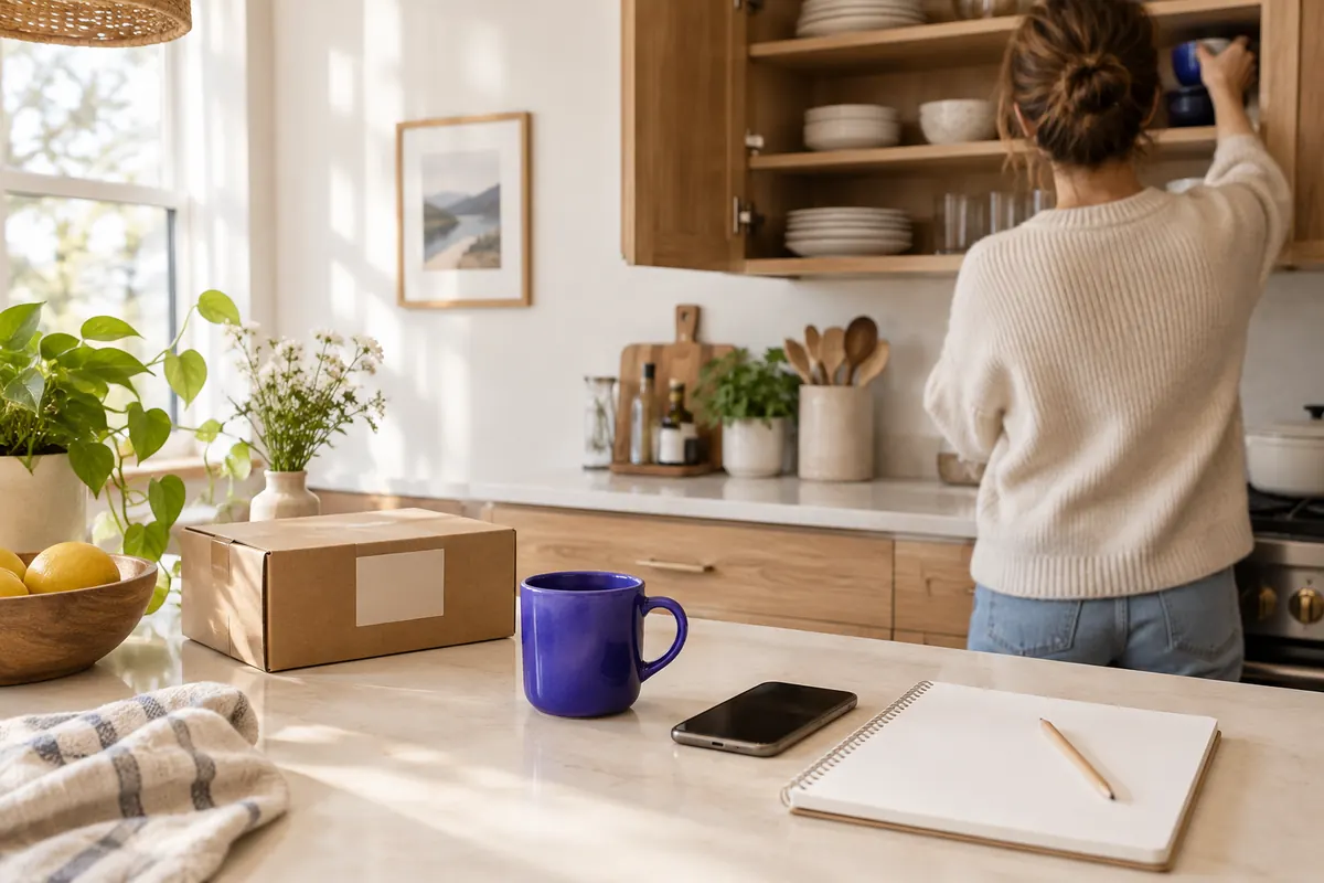 A bright kitchen with a cabinet open, a notepad and a phone on the counter