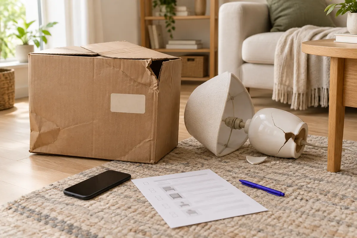 A dented moving box with a torn corner on a living room floor next to a cracked table lamp, a phone and a printed inventory sheet