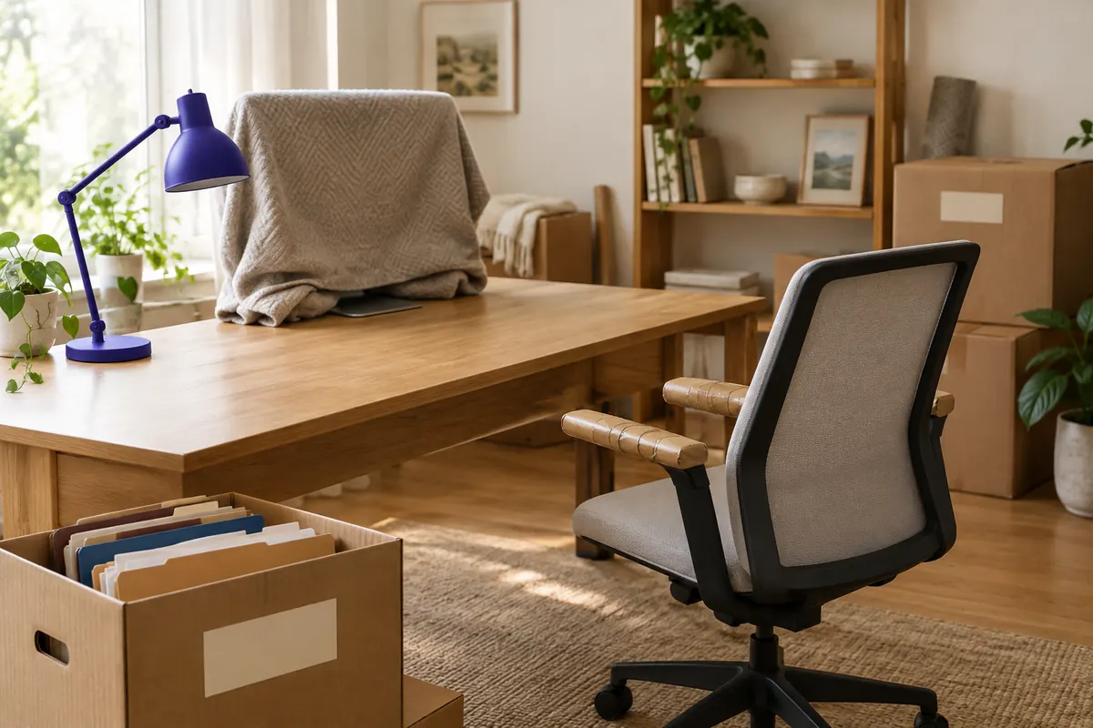 A home office mid-move with a desk cleared off, a monitor wrapped in a blanket, a filing box with folders and an office chair with its arms taped