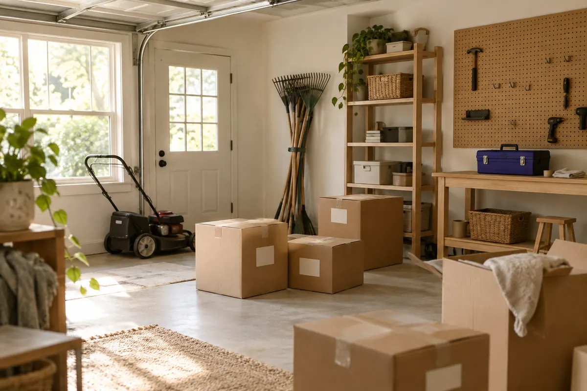 A garage mid-move with taped boxes on the floor, a lawn mower by the window, rakes bundled together and a toolbox on the workbench under a pegboard