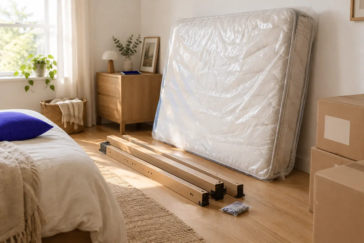 A mattress in a clear moving bag leaning against a bedroom wall, with bed frame rails and a small bag of bolts on the floor