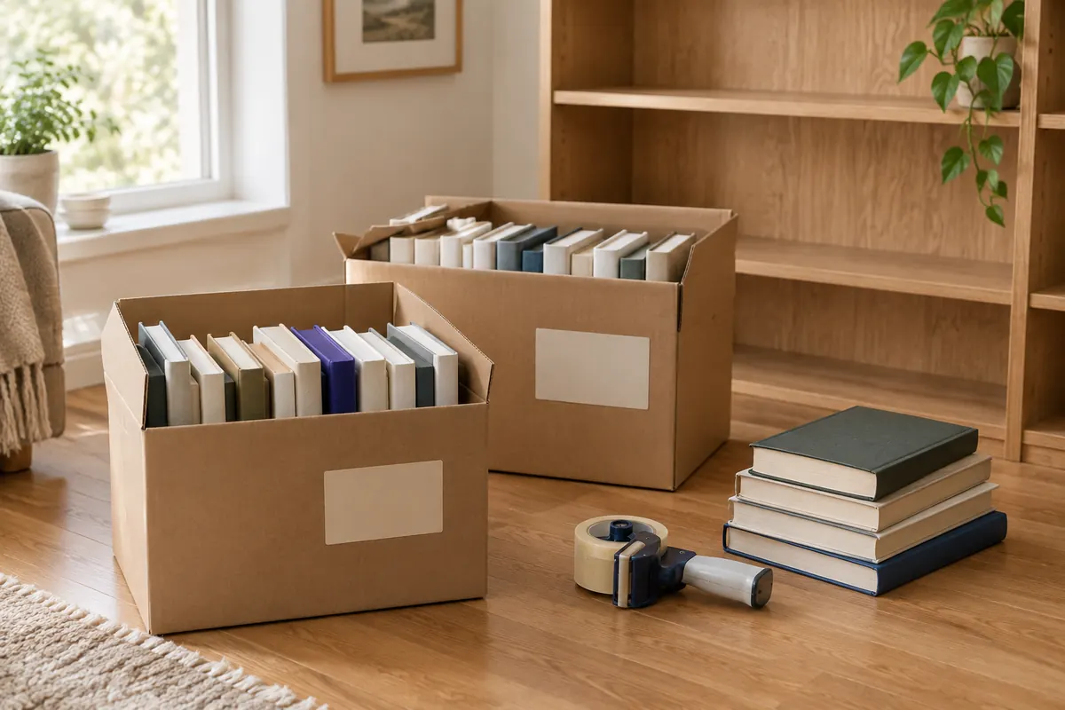 Small moving boxes packed with books standing upright, a roll of packing tape and a stack of hardcovers on a wooden floor