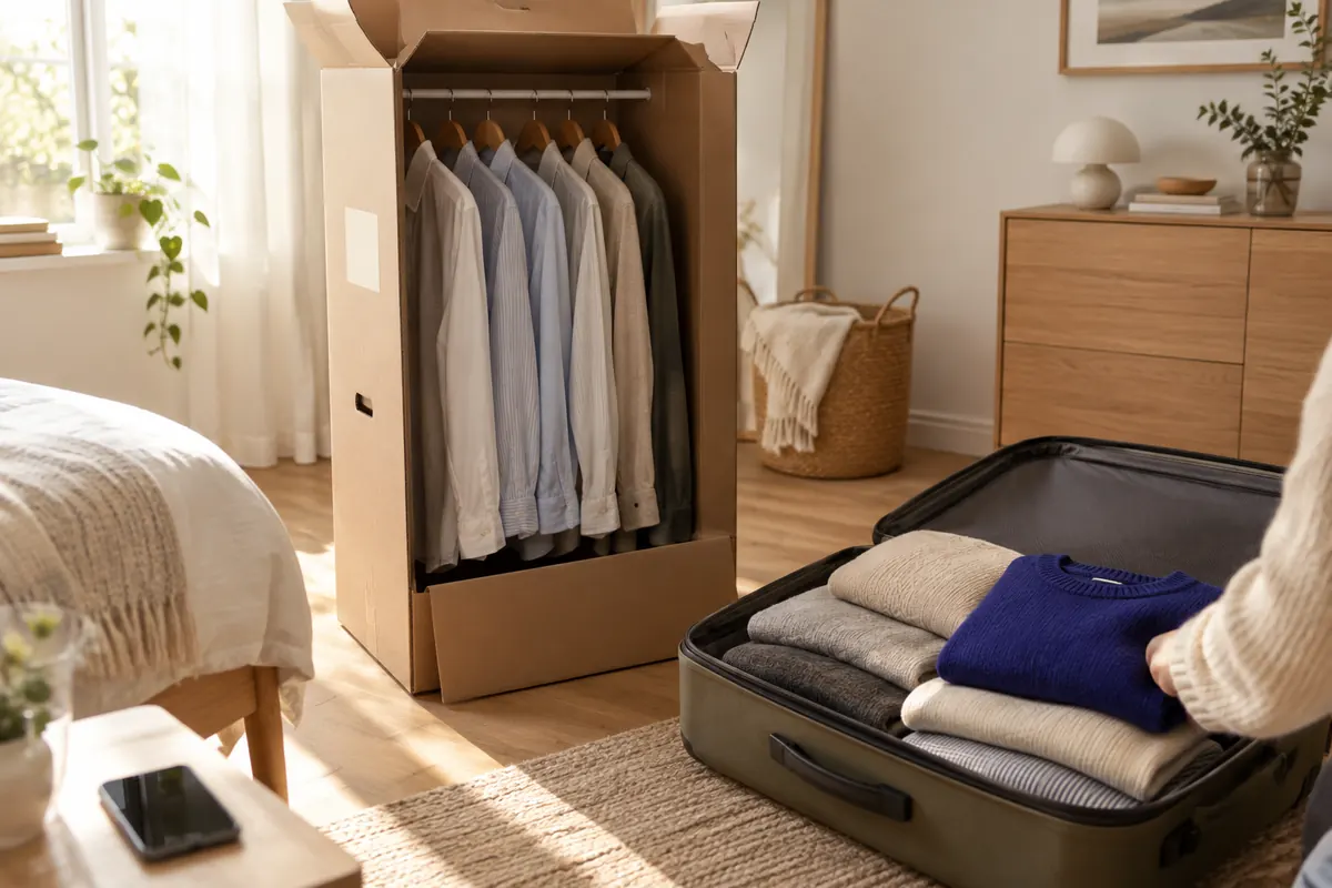 A tall wardrobe box with shirts hanging inside, beside folded sweaters in an open suitcase on a bedroom floor
