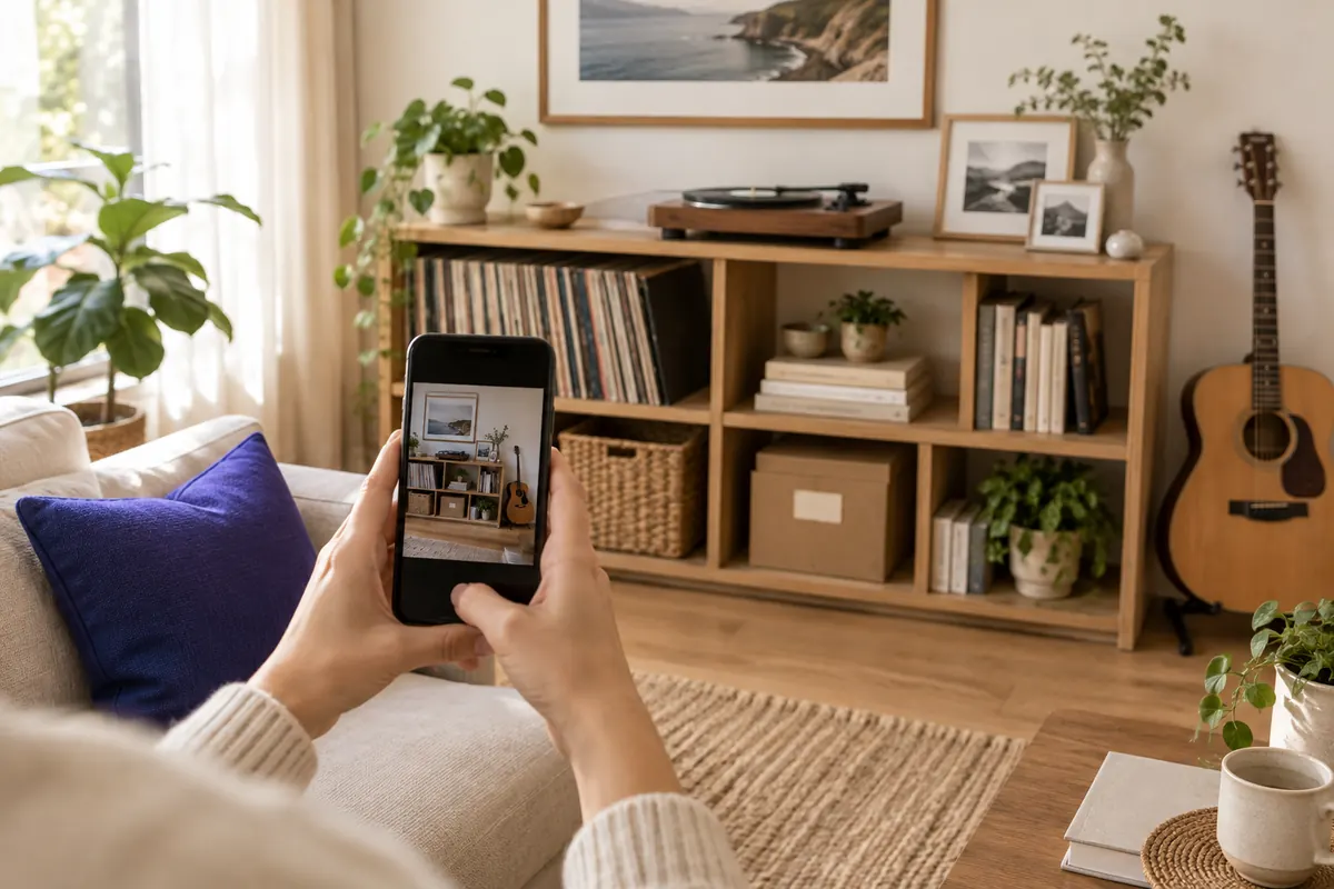 A phone held up to photograph a living room bookshelf with a record player, framed photos and a guitar leaning beside it