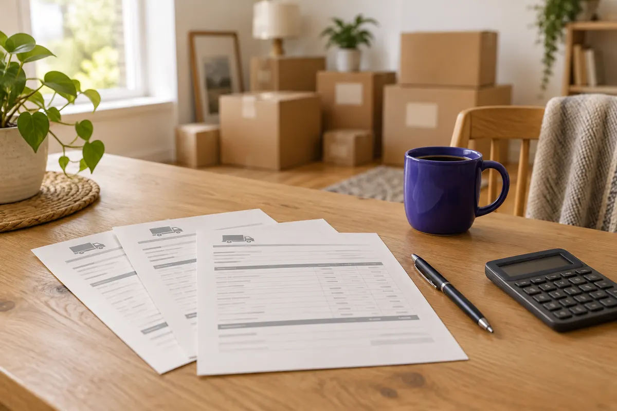 Three printed moving estimates fanned out on a kitchen table next to a pen, a calculator and a coffee mug, with packed boxes blurred behind