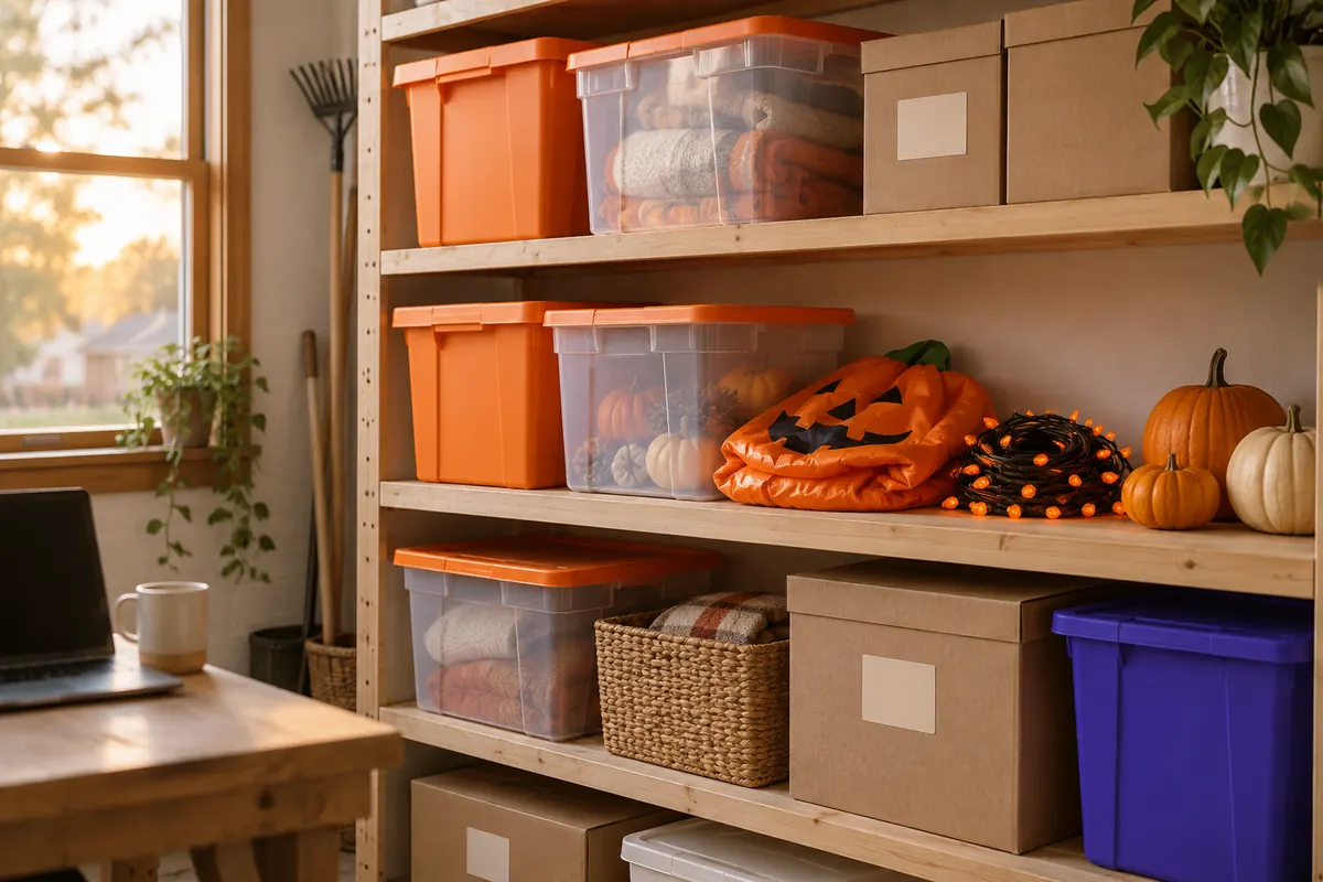 Orange and clear storage bins on a garage shelf, with a folded inflatable pumpkin and a coiled string of lights beside them