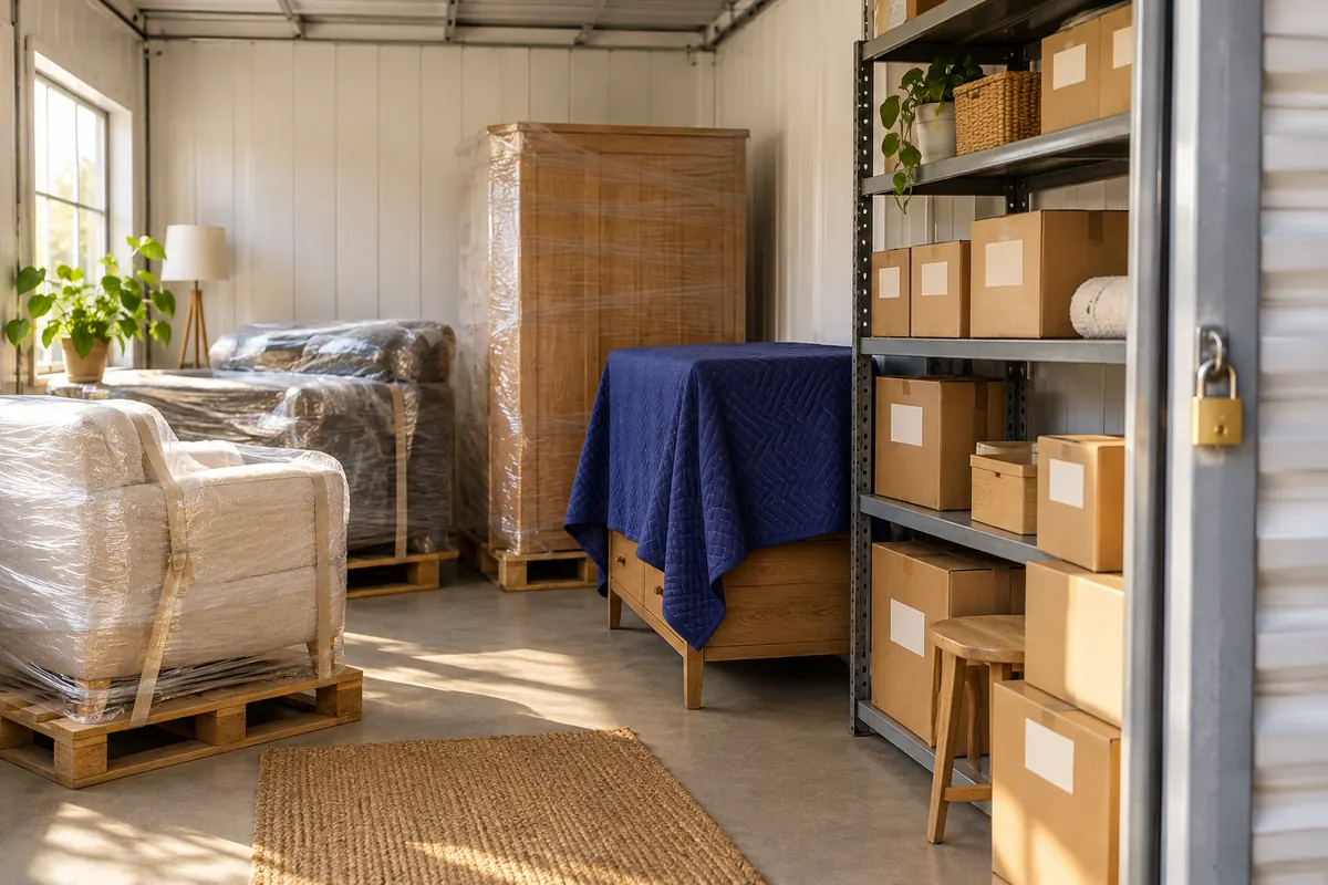 The inside of a tidy storage unit with wrapped furniture on pallets, labeled boxes on shelves and a padlock on the open roll-up door