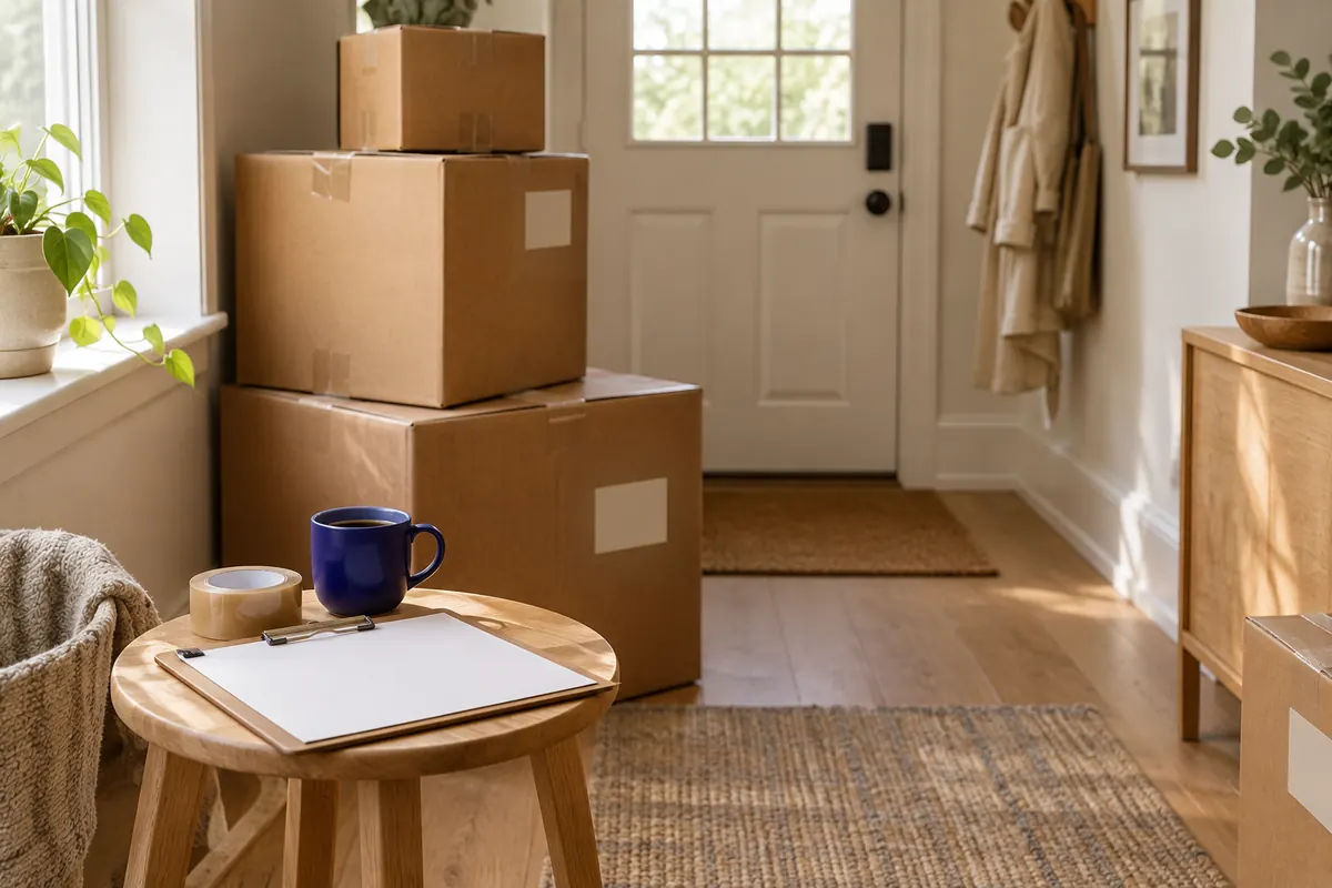 A front hallway on moving day with taped boxes stacked by the door, a clipboard with a checklist on a stool, a roll of tape and a coffee cup