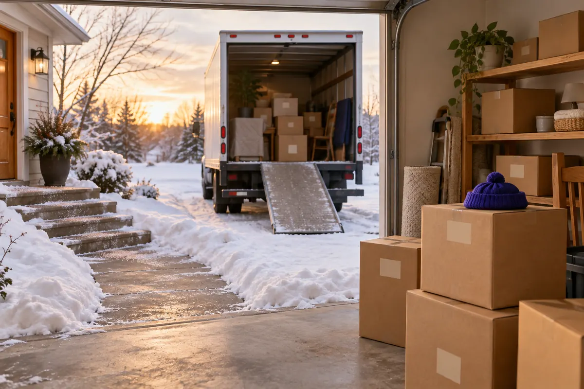 A moving truck backed up to a snowy driveway at dusk, with a shoveled path, salted front steps and stacked boxes in the open garage