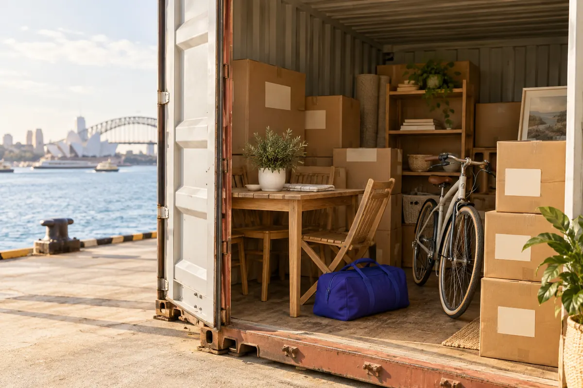 A shipping container door open on a sunny Australian dock, showing numbered moving boxes, a scrubbed garden table and a bicycle with clean tires