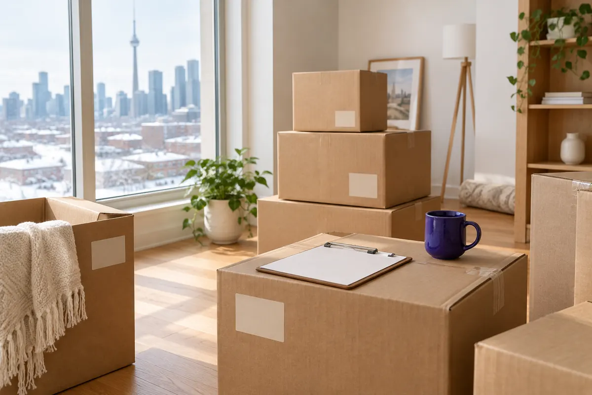 Moving boxes stacked in a bright Canadian apartment with snow visible through the window