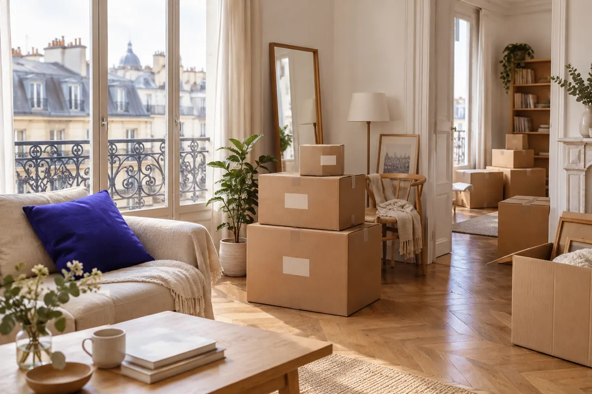 Moving boxes stacked in a Paris apartment with tall windows, a wrought-iron balcony and zinc rooftops outside