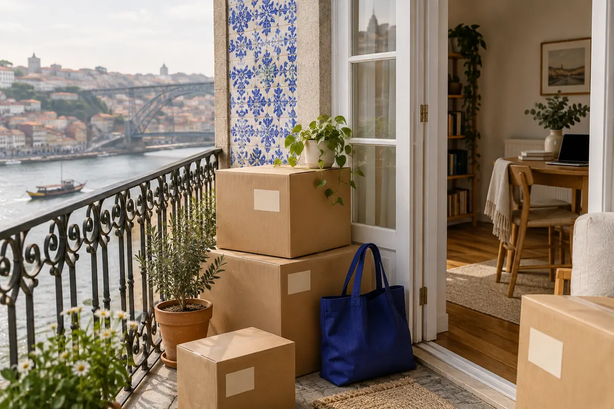 Moving boxes stacked on a Porto balcony with blue and white azulejo tiles, a wrought-iron railing and the river below