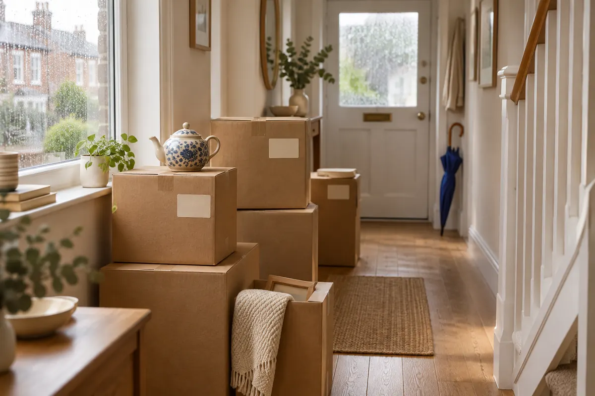 Moving boxes stacked in the hallway of a British terraced house, with rain on the window and a teapot on top of one box