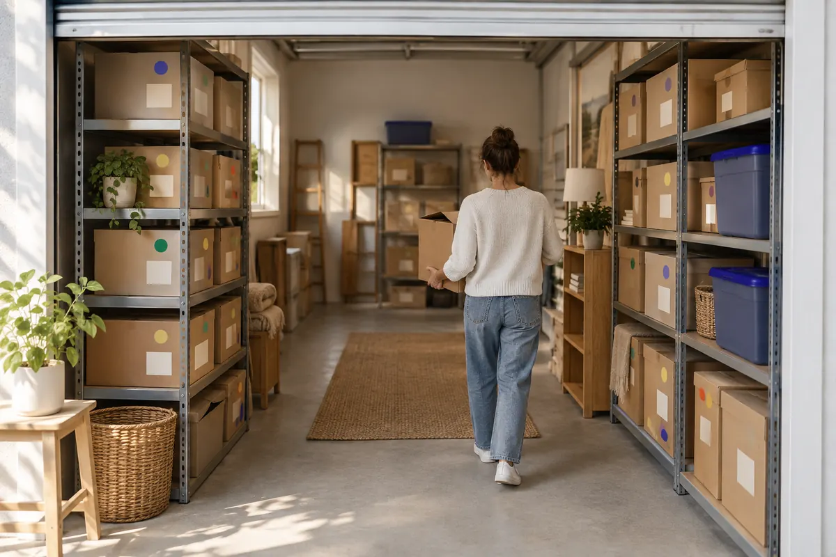 A tidy storage unit with boxes on metal shelves and a clear walkway