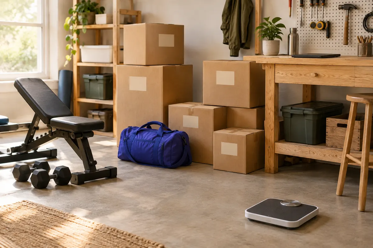 A garage before a military move with a weight bench, a workbench and stacked boxes, and a bathroom scale on the floor in front of them