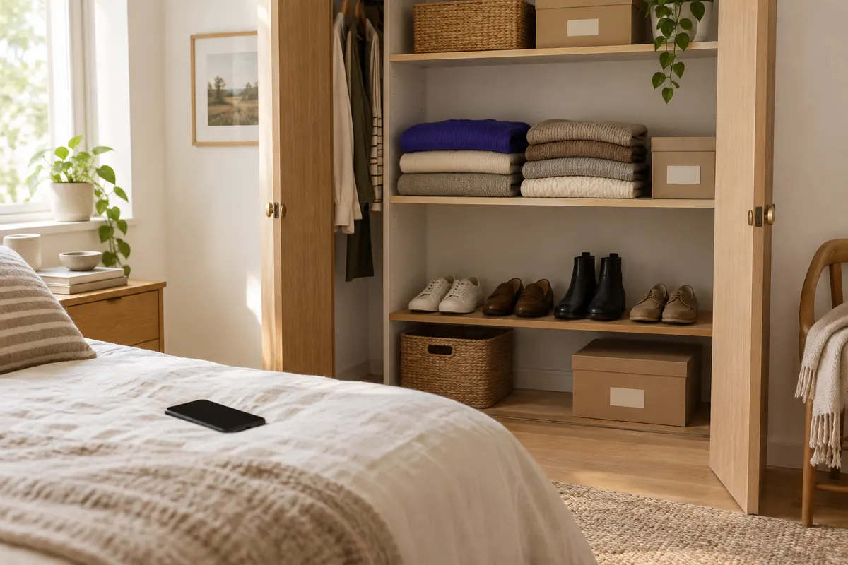 A bedroom closet with its doors open, folded sweaters on a shelf and a phone on the bed