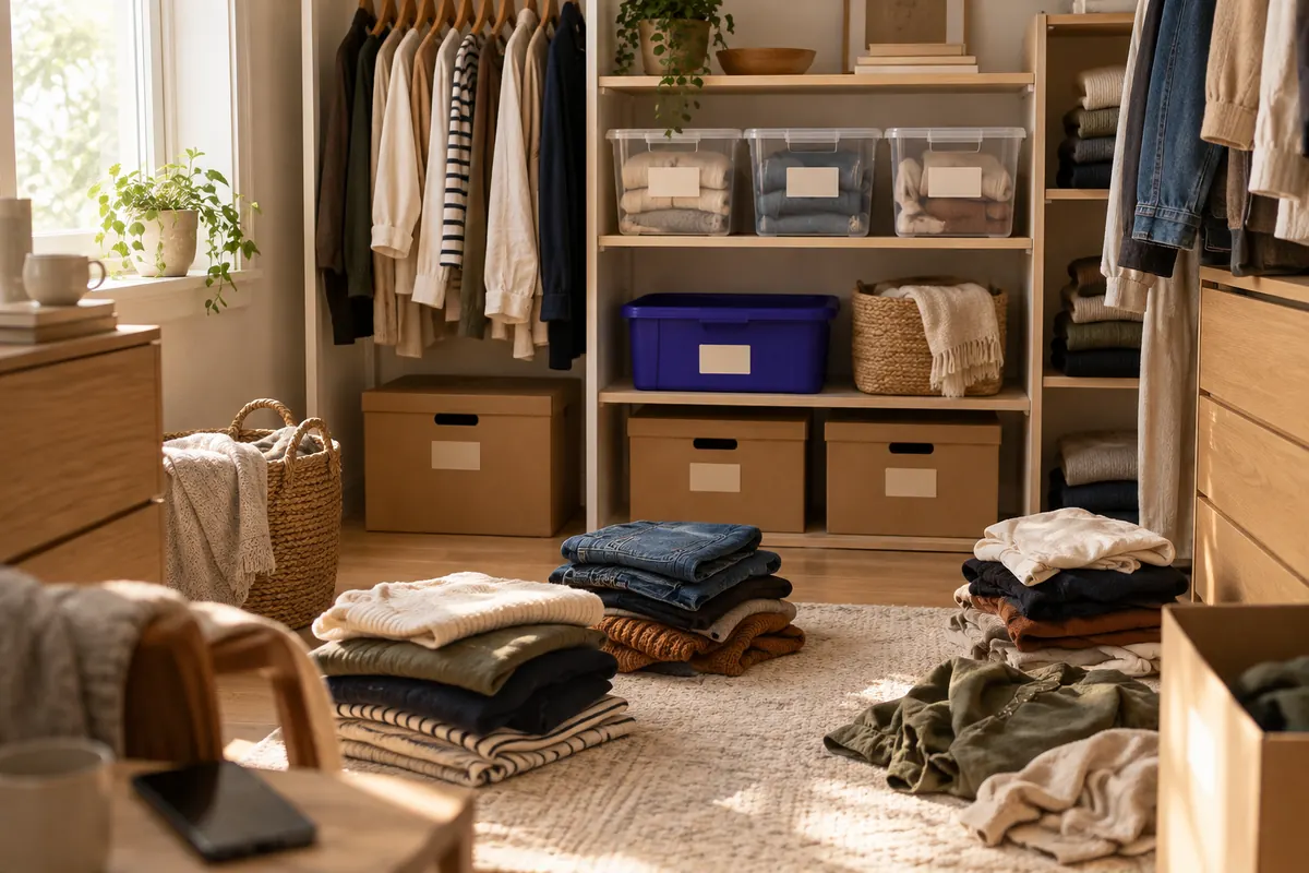 A half-organized walk-in closet with sorted piles on the floor and a few labeled clear bins on a shelf