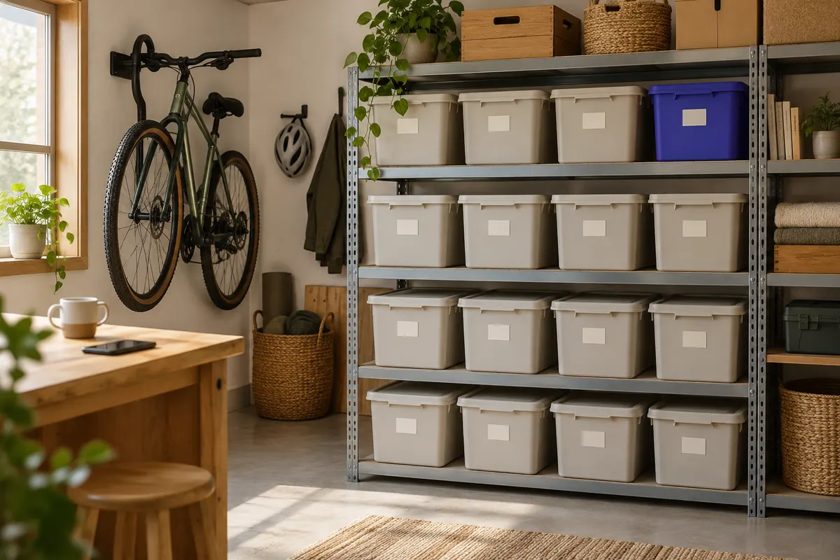 Garage metal shelving with matching storage bins, each with a small blank label on its side