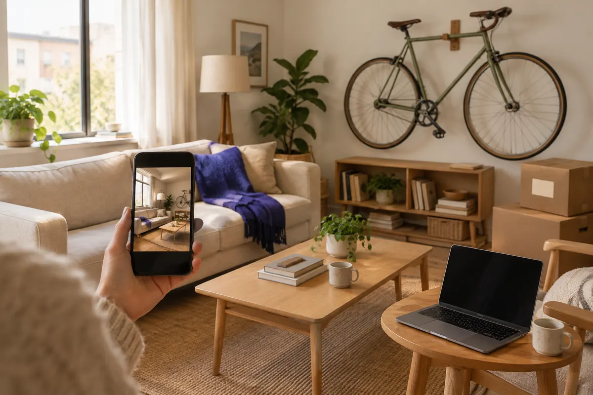 A small rented apartment living room with a couch, a bike on a wall hook, a laptop on a side table and a phone held up taking a photo of the room
