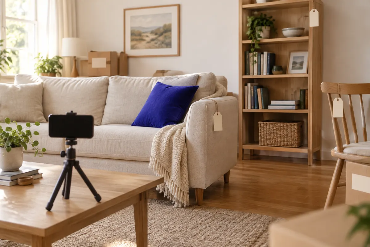 A living room before a move with a couch, a bookshelf and a dining chair each tagged with a paper sale tag, and a phone on a tripod taking a photo of the couch