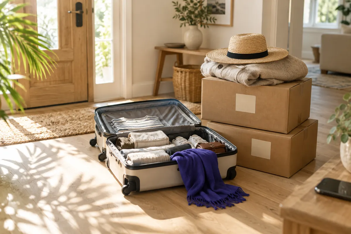 An open suitcase and two packed boxes by a sunny front door, with a straw sun hat resting on a folded winter coat
