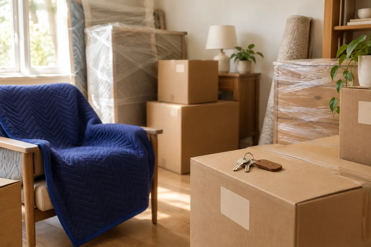 Wrapped furniture and boxes ready for storage, house keys on top of a box