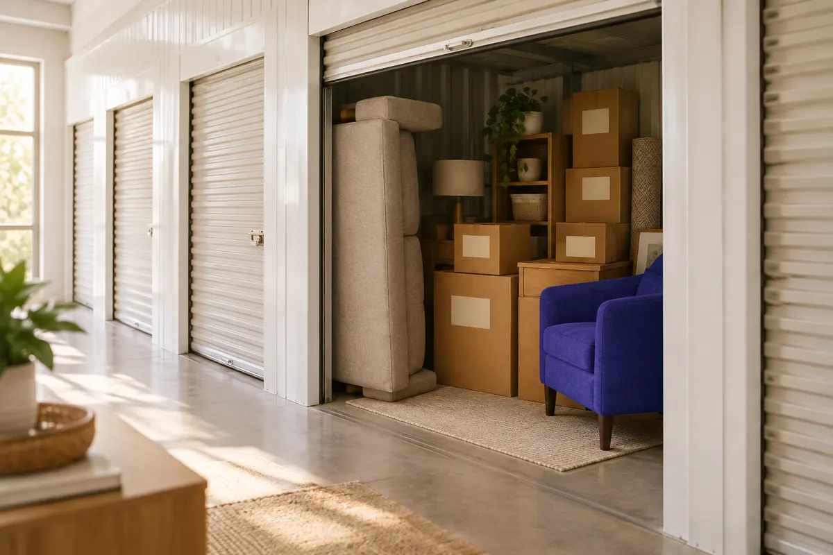 A hallway of indoor storage units with roll-up doors, one open to show a couch stood on end, stacked boxes and an armchair