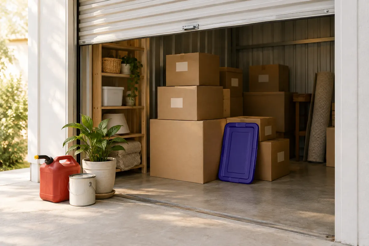An open storage unit roll-up door with neatly stacked boxes inside, and a red gas can, a paint tin and a potted plant set outside on the concrete