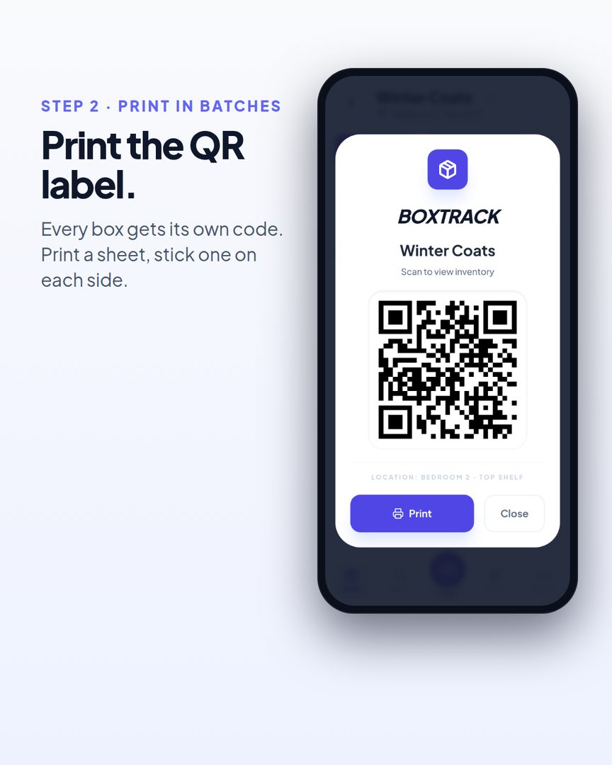 Step 2 of the BoxTrack setup: print the QR label. Every box gets its own code that you print on a sheet and stick on each side.