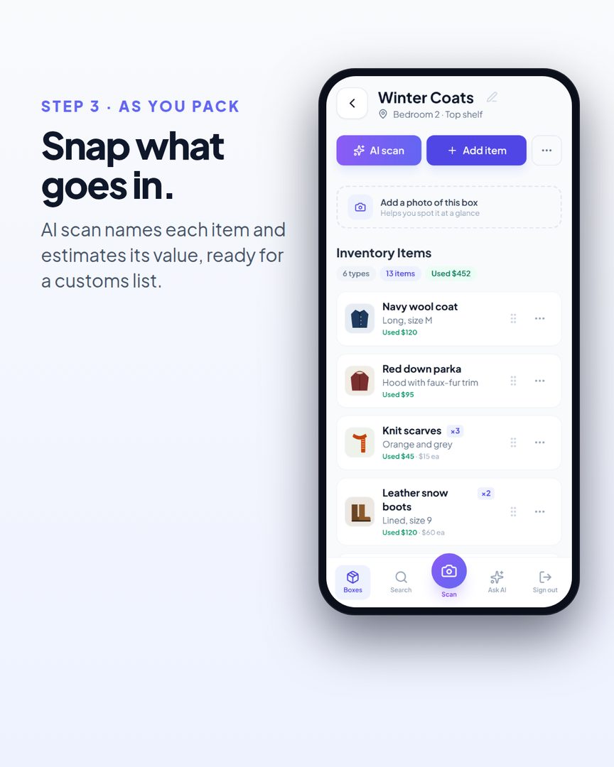 BoxTrack setup step 3: snap what goes in. AI scan names each item and estimates its value, ready for a customs list.