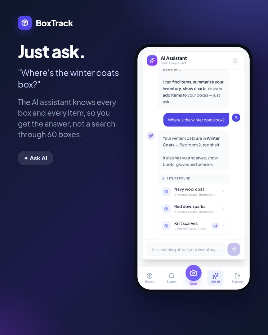 BoxTrack ad: "Just ask. Where's the winter coats box?" A phone shows the AI assistant answering which box and shelf the coats are in.