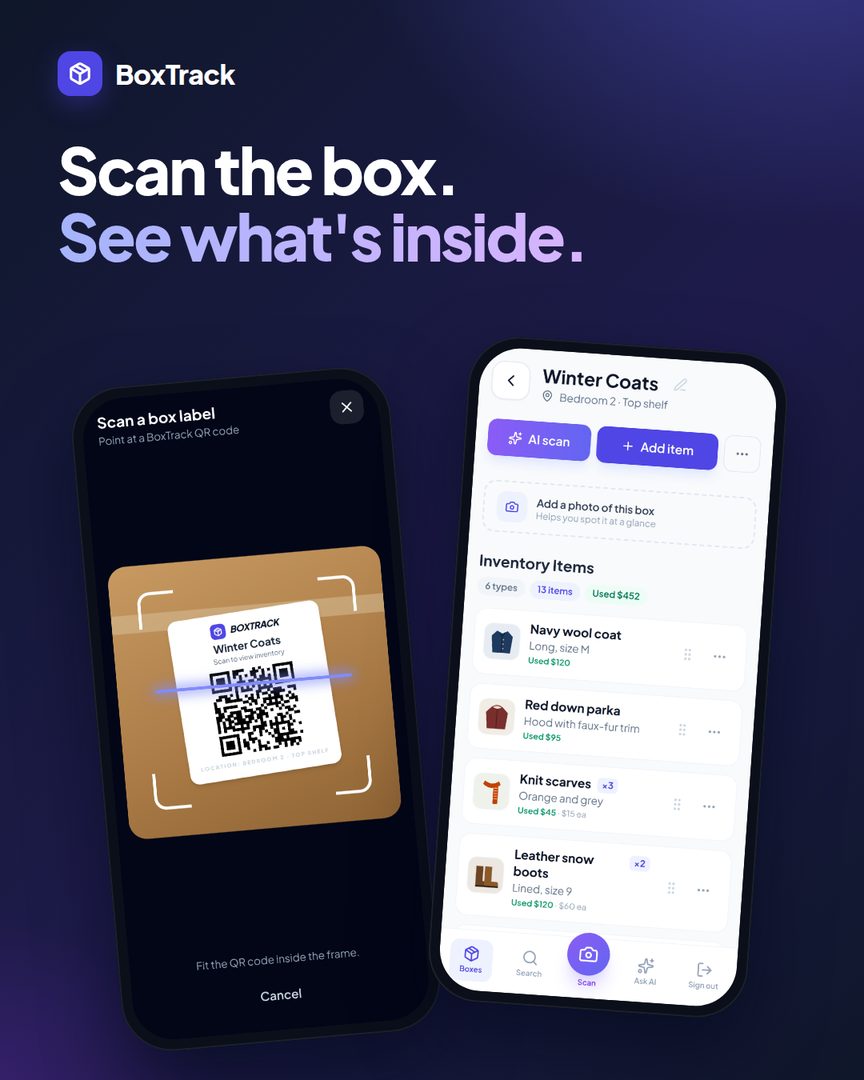 BoxTrack ad: scan the box, see what's inside. A phone scans a box's QR label and shows its contents list.